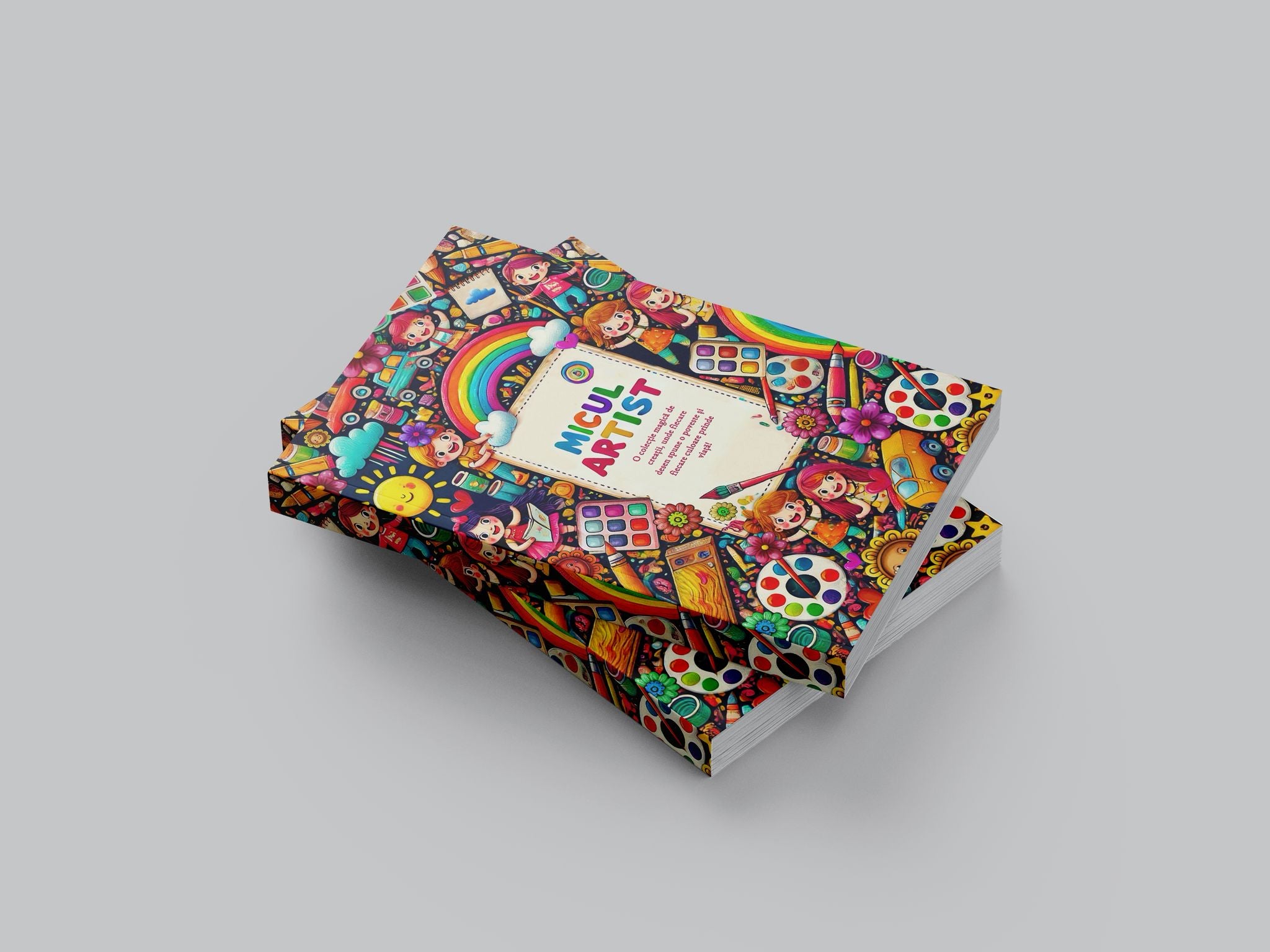 Colorful children's book with a rainbow and cartoon characters on a gray background